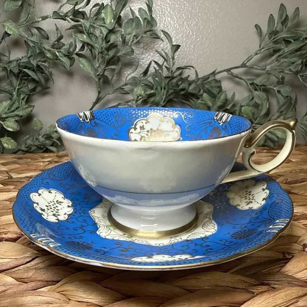 Vintage Hand Painted Japan Cobalt Blue Gold Gilt Tea Cup Saucer Rose Floral